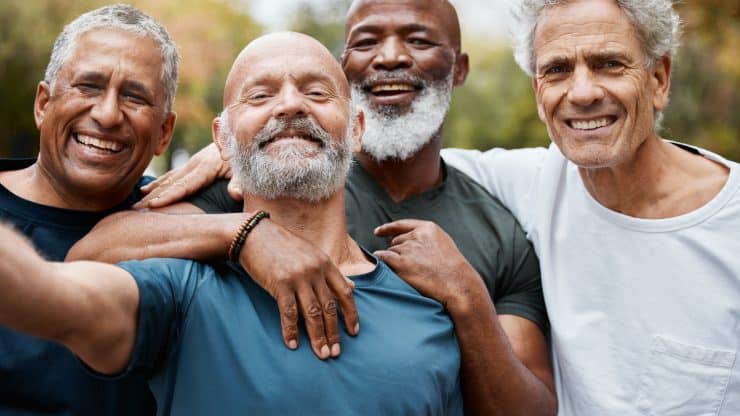 Senior man group and fitness selfie at park together for elderly health or wellness for happiness smile Happy retirement friends portrait or runner club in diversity teamwork or outdoor training